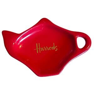 Harrods London Red Ceramic Teapot Shaped Tea Bag Spoon Rest Holder EUC